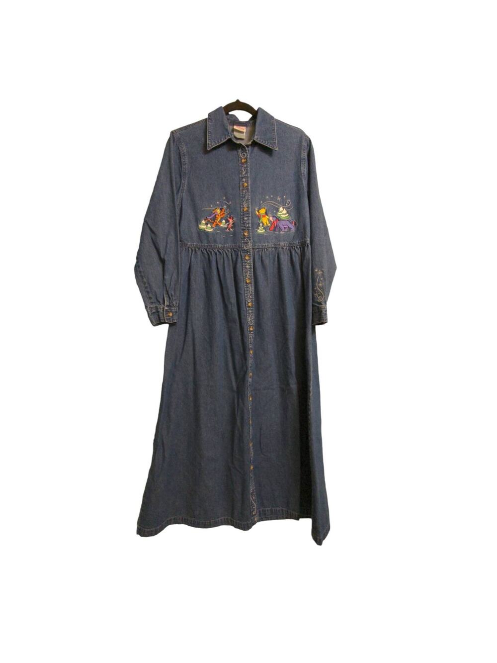 Disney Womens Shirt Dress Blue Denim Long Sleeve Embroidered Winnie The Pooh M - Picture 1 of 14